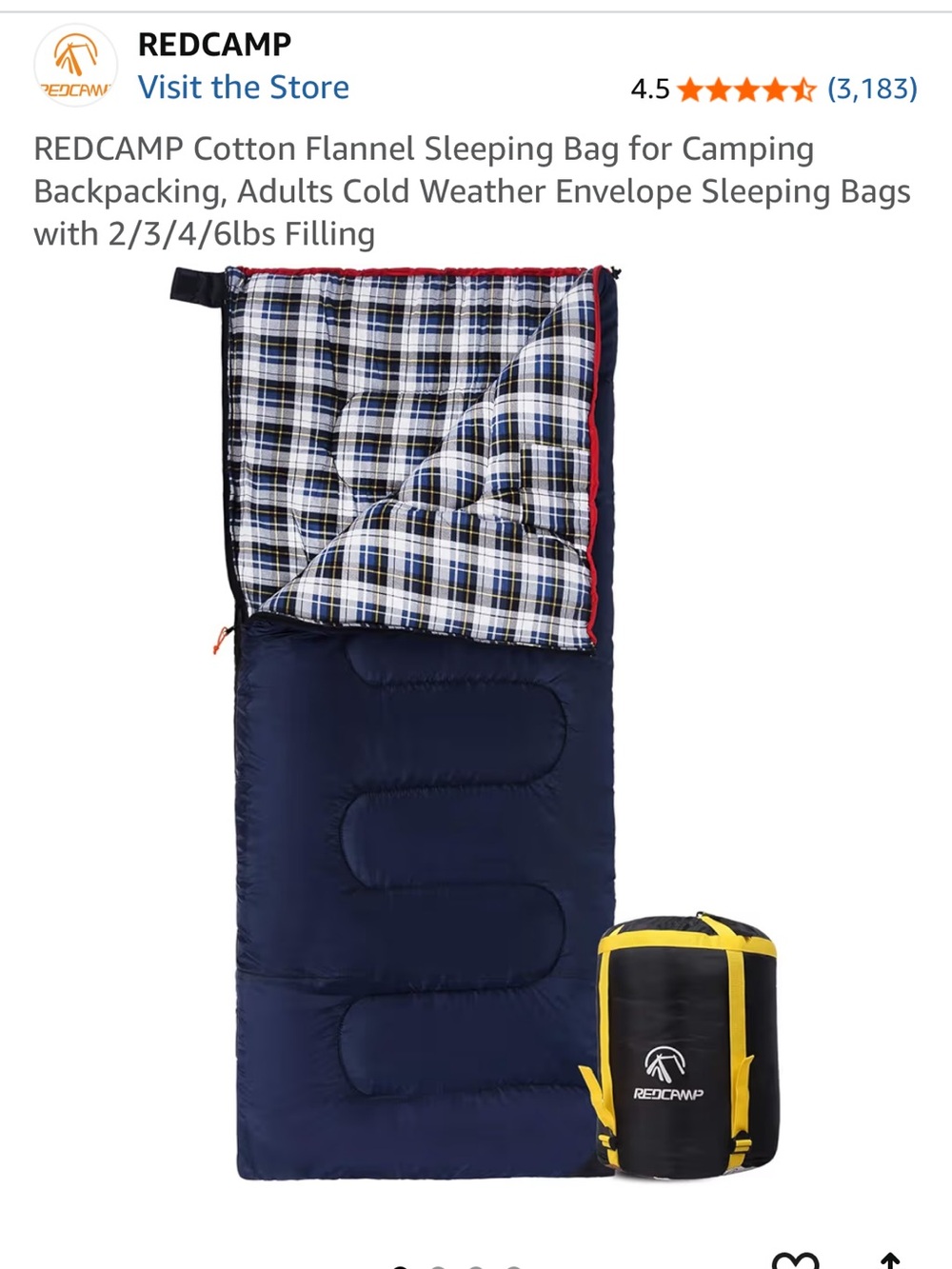 Set of 2 :Redcamp Navy Blue Sleeping Bag with Plaid Lining for camp